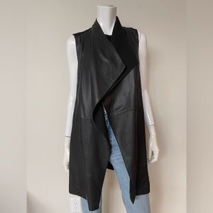 VINCE Draped Long Leather Vest in Black